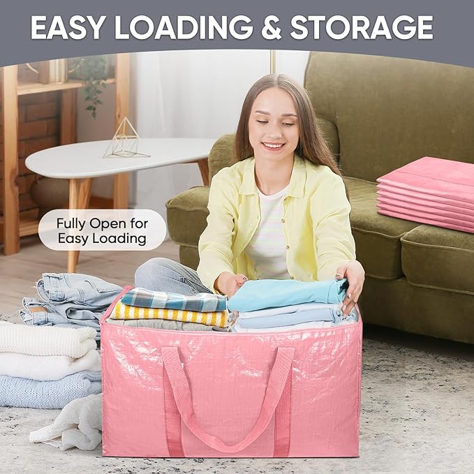 TICONN 8 Pack Extra Large Moving Bags with Zippers & Carrying Handles, Heavy-Duty Storage Tote Moving Boxes for Space Saving (8 Pack, Coral)