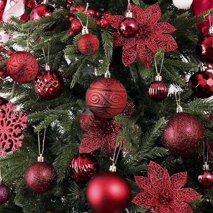 Wironlst Christmas Ball Ornaments - 30pcs Shatterproof Plastic Christmas Ornaments Hanging Ball Decorations for Xmas Tree, Holiday, Wedding, Party (Multi-Size, Burgundy)