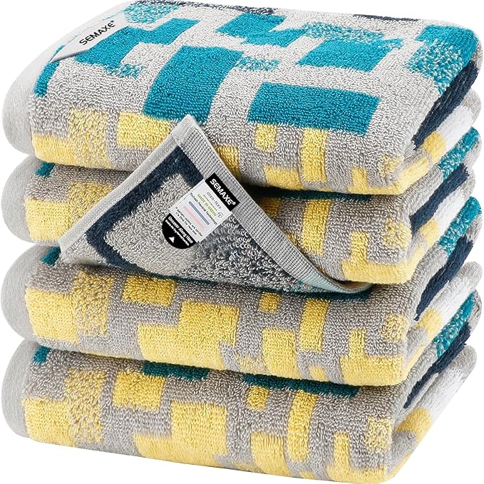 SEMAXE Hand Towels for Bathroom, 100% Cotton Towels with Hanging Loops, Soft and Absorbent, 4 Pack Hand Towel Set for Gym, Shower, Hotel and Spa, Decorative Checkered Towel