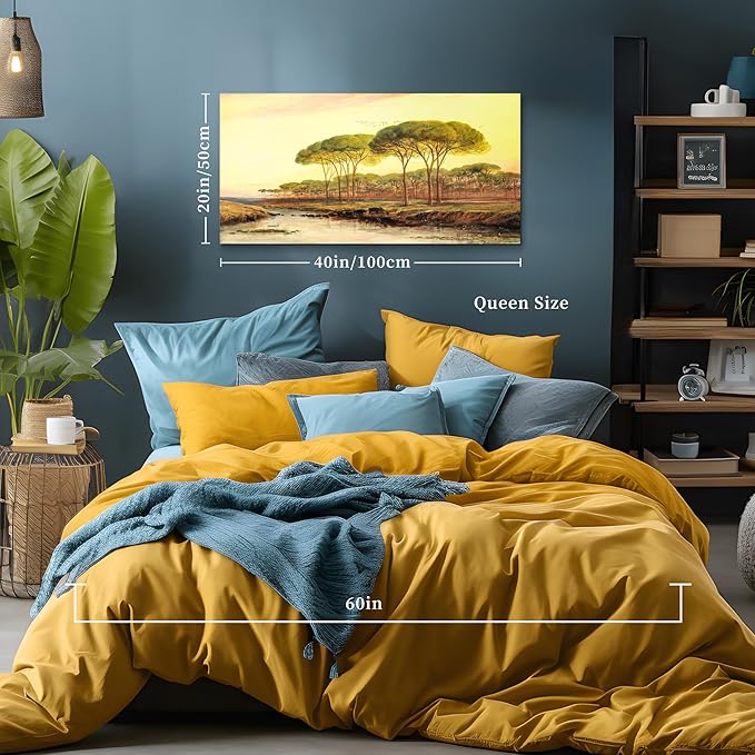 crmotu Large Canvas Wall Art, Sunset Forest Vintage Wall Paintings, Dusk Landscape Art Prints, Riverside Scenery Retro Artwork, Nature Aesthetic Pictures Wall Decor Living Room Bedroom 20"X40"