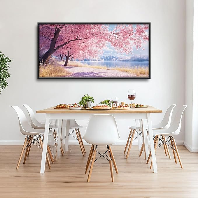 Cherry Blossoms Large Framed Wall Art Pink Tree of Life Pictures Oversized Natural Lake Landscape Wall Decor Spring Canvas Print Painting Modern Artwork for Living Room Bedroom Office Dining Room Home Decor 60L"x30W"