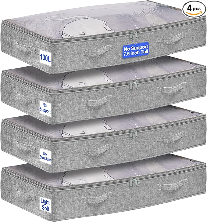 punemi 100L Under Bed Storage Containers, NO STRUCTURE Extra Large Underbed Storage,Soft Foldable Zipper Cloth Blanket Storage Container, Long Flat Storage Bins For College Dorm, 4 Pack, 20x40x7.5in