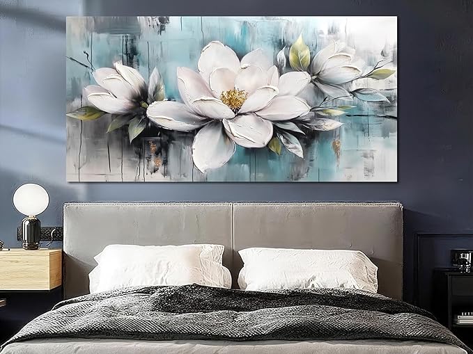 Ardemy Flower Wall Art for Living Room White Floral Canvas Bedroom Painting Magnolia Wildflower Picture Teal Grey Artwork Framed Home Office Dining Room Wall Decor, Large Size 48"x24"