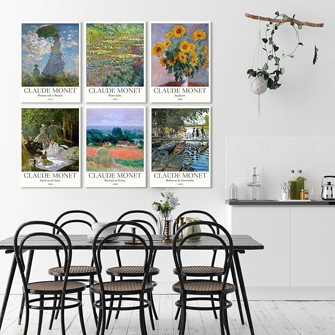COSCTOR Set of 6 Claude Monet Wall Art Decor Canvas Vintage Famous Artist Retro Landscape Colorful Posters and Prints for Living Room Bathroom Bedroom Hallway Kitchen (Framed, 12x16)