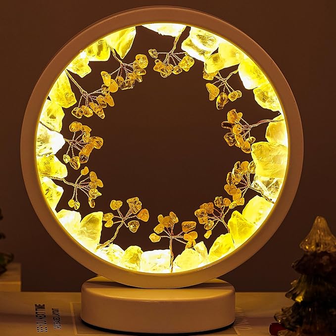 Runyangshi Natural Crystal Citrine Small Tree Round White Frame Tri-Color Ambient Light Home Decoration Night Light Healing Decor Gift