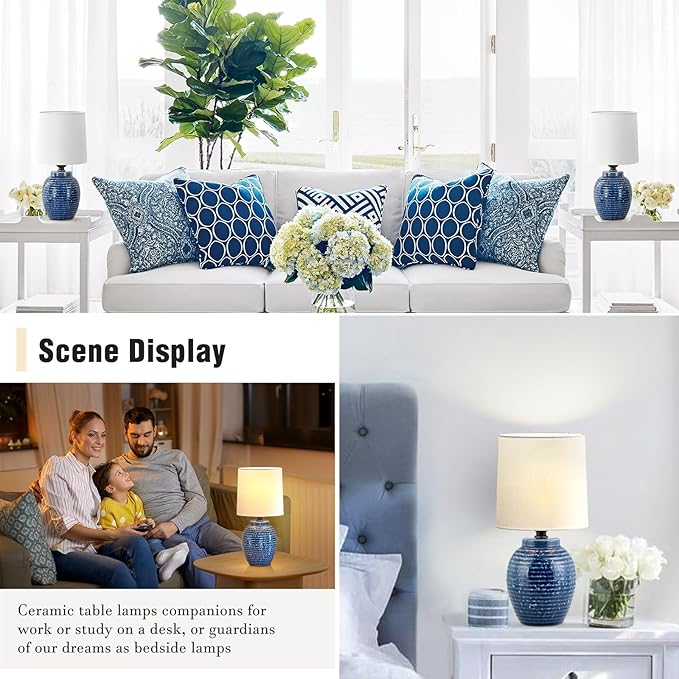 Table Lamps Set of 2-13.75" Small Bedside Lamps - Classic Farmhouse Ceramic Table Lamp for Bedroom, Living Room, Nightstand, Office, Side Desk Lamp, End Table