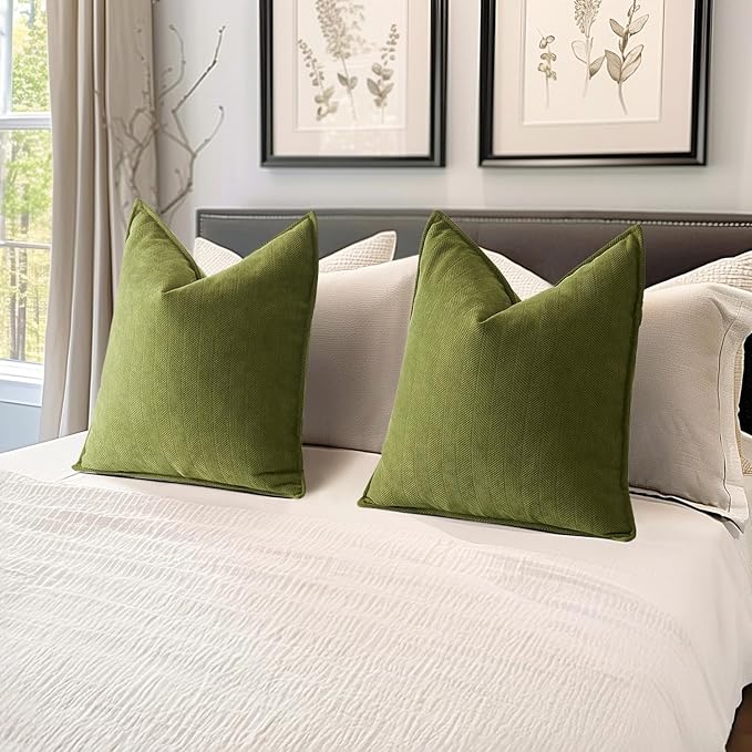 MIULEE Pack of 2 Moss Green Decorative Pillow Covers 26x26 Inch Soft Chenille Luxurious Couch Throw Pillows Farmhouse Cushion Covers Euro Shams with Elegant Design for Sofa Bed Living Room Home Decor
