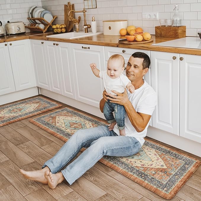 KIMODE Anti Fatigue Kitchen Mats for Floor, Boho Vintage Kitchen Rugs Sets of 2, Cushioned Kitchen Floor Mats Non Slip, Comfort Rugs for Kitchen Floor Sink Laundry Desk Orange 17.3"x29"+17.3"x59"