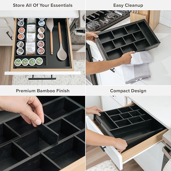 Tea Bag and Coffee Pod Kitchen Drawer Organizer, Expandable 9.7 to 17 Inches, 10 Storage Compartments, Adjustable Wall Inserts, Non-Slip Feet, Food-Safe Black Finish, 100% Bamboo Wood