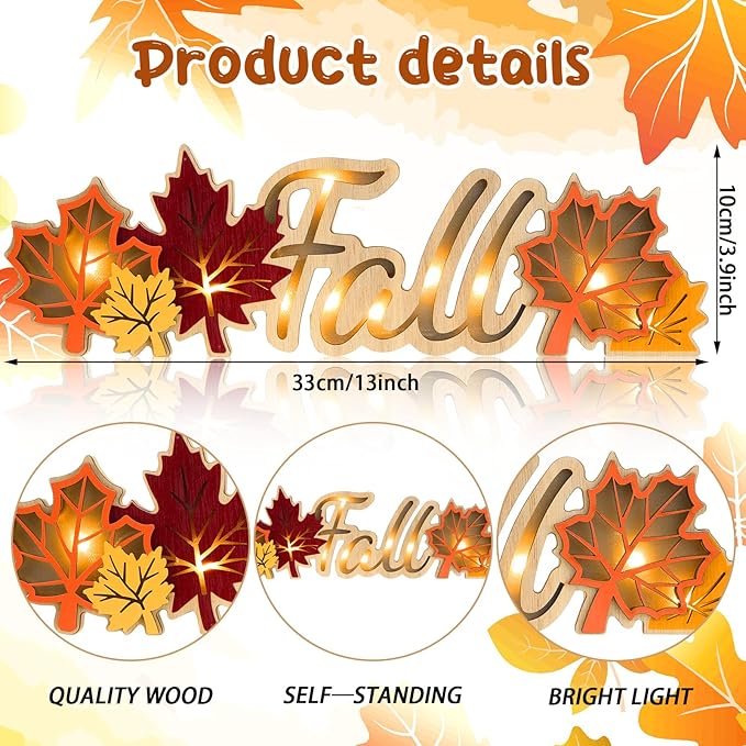 Geetery Fall Decor Thanksgiving LED Wooden Sign Rustic Tabletop Centerpiece Maple Leaves Decorations Fall Kitchen Decor for Home Thanksgiving Autumn Harvest Party