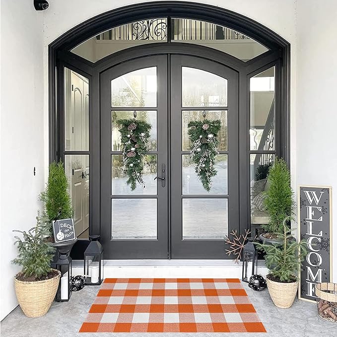 SEEKSEE Cotton Buffalo Plaid Rug 27.5"x43" Orange and White Checked Rug Washable Doormats Indoor Outdoor Rugs for Layered Front Door Mats, Porch, Kitchen, Farmhouse, Entryway