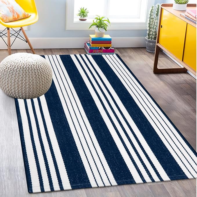 OJIA Blue and White Outdoor Rug 3’x5‘ Cotton Woven Fall Striped Front Porch Rug Machine Washable Indoor Outdoor Rugs Farmhouse Entry Rug Layered Door Mat for Entryway/Kitchen/Laundry/Living Room