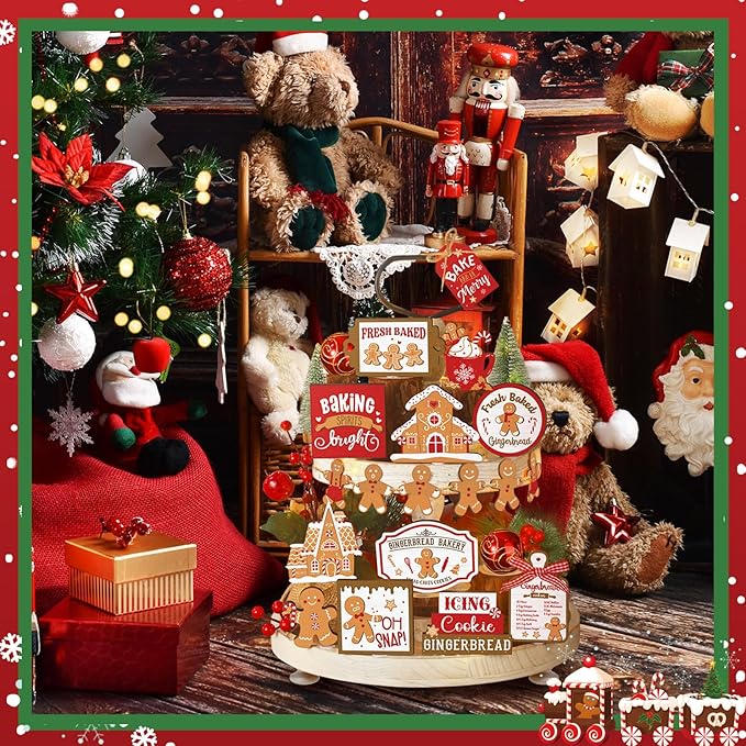 17 Pcs Christmas Tiered Tray Decor Set Winter Tiered Tray Decorations Farmhouse Tabletop Centerpiece Christmas Wooden 3D Sign for Xmas Home Buffalo Plaid Rustic Table Decoration(Gingerbread)