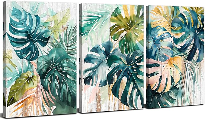 Tropical Monstera Wall Art Leaf Pictures Wall Decor for Bathroom Abstract Watercolor Sage Green Palm Leaves Paintings Botanical Canvas Prints Posters Artwork Home Living Room Decoration 12x16" 3Pcs