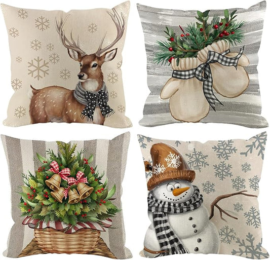 Christmas Pillow Covers 16x16 inch Set of 4, Holiday Winter Outdoor Vintage Snowflake Xmas Snowman Neutral Farmhouse Seasonal Burlap Reindeer Decorations for Sofa Couch
