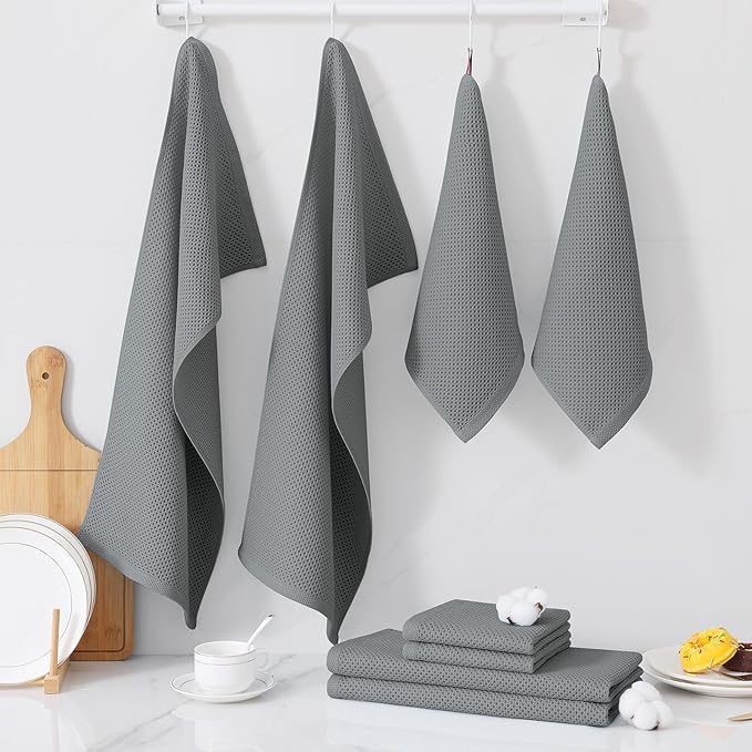 Homaxy 100% Cotton Kitchen Towels and Dishcloths Set, 12 x 12 Inches and 13 x 28 Inches, Set of 12 Bulk Kitchen Towels Set, Ultra Soft Absorbent Dish Cloths for Washing Dishes, Grey