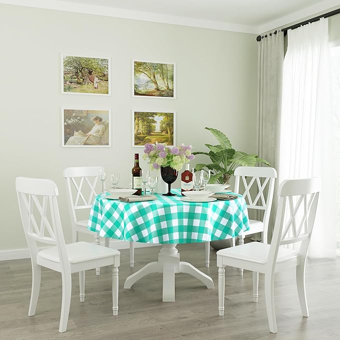 misaya Round Waterproof Vinyl Table Cloth, Buffalo Flannel Backed Tablecloth, Wipeable Plastic Table Cover for Dinner, Kitchen, Picnic (60", Green and White)
