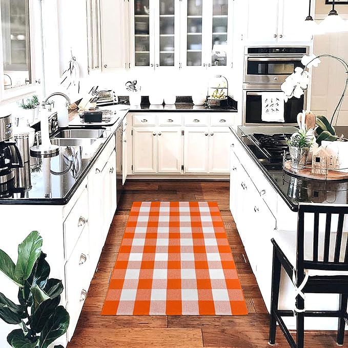 KOZYFLY Buffalo Plaid Rug 3x5 Ft Orange and White Checke Orange Rug Halloween Fall Door Mat Woven Cotton Washable Area Rugs Door Mat Outdoor Entrance for Front Porch Entryway Fall Farmhouse