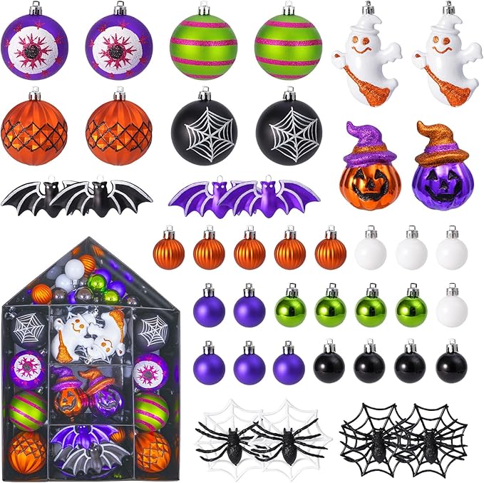 42PCS Halloween Ornaments Tree Decorations, Shatterproof Hanging Ball Set with Ghost Pumpkin Spider Bat Web Designs, Hanging Ball Ornaments for Small Halloween Tree, Holiday Party Indoor Home Decor