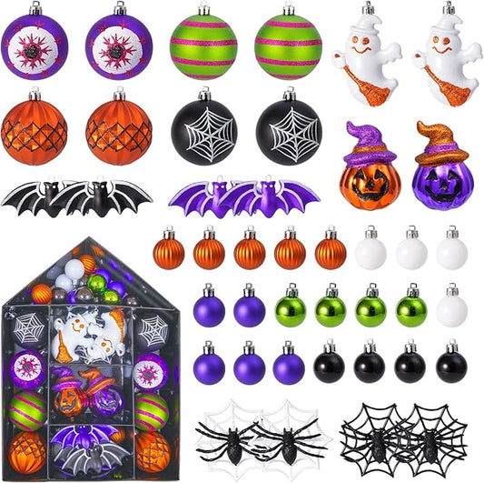 42PCS Halloween Ornaments Tree Decorations, Shatterproof Hanging Ball Set with Ghost Pumpkin Spider Bat Web Designs, Hanging Ball Ornaments for Small Halloween Tree, Holiday Party Indoor Home Decor