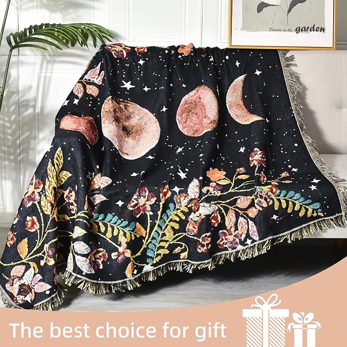 Boho Throw Blanket Reversible Cotton Bohemian Tapestry Hippie Room Decor Double Sided (Lunar Eclipse Black 50"x60")