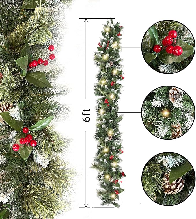 6ft Christmas Garland with Lights,Lighted Artificial Flowering Pine Garland for Mantle,Prelit Faux Green Christmas Winter Garland with Pine Cones and Red Berry for Indoor Outdoor Decor