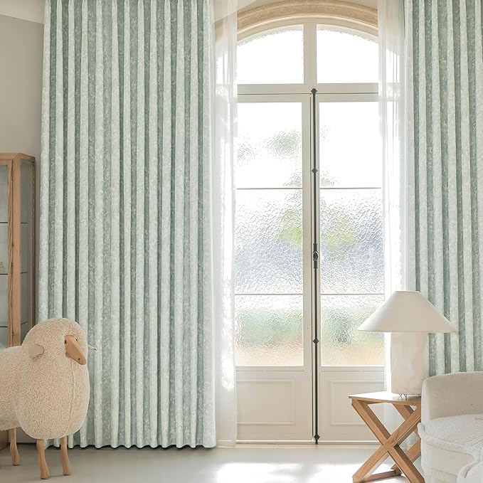 Beauoop Green Floral Jacquard Blackout Curtains 96 Inches Long 2 Panels for Bedroom Living Room Sage Flower Chenille Room Darkening Thermal Insulated Soundproof Grommet Window Treatments Drapes, 52x96