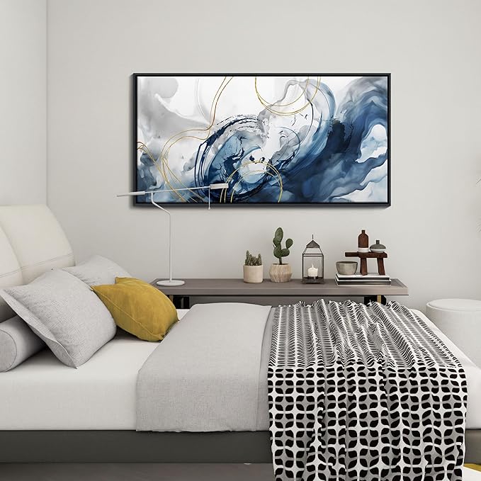 Mofutinpo Blue Wall Art Framed Abstract Canvas Wall Art Blue Pictures for Living Room Wall Decoration Large Modern Office Artwork Wall Decor Graffiti Paintings for Bedroom 24×48IN