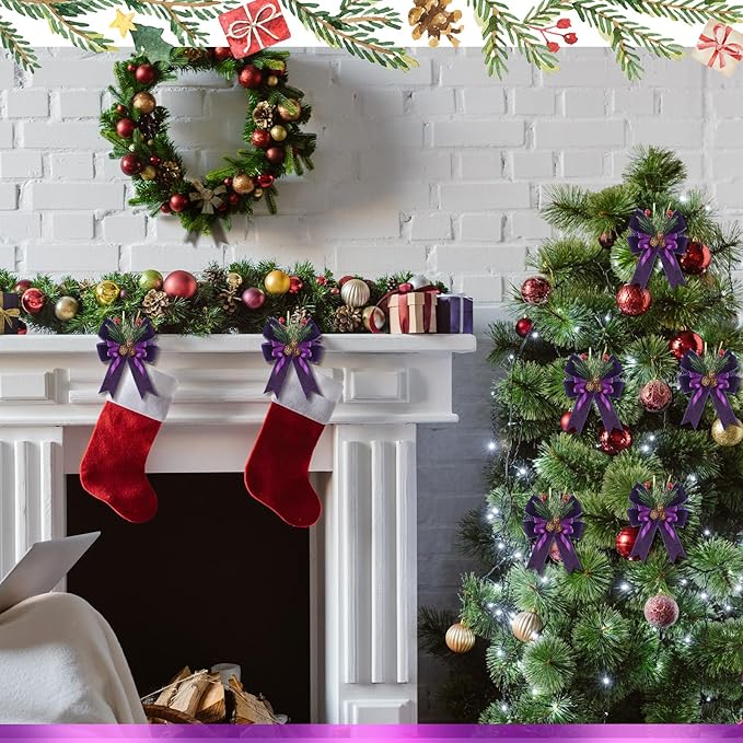Syhood 6 Pcs Christmas Bows with Pine Cones Pine Needles Xmas Velvet Bows Purple Velvet Ribbon Christmas Tree Wreath Decoration for Xmas Parties Indoor Outdoor Crafts DIY Decor