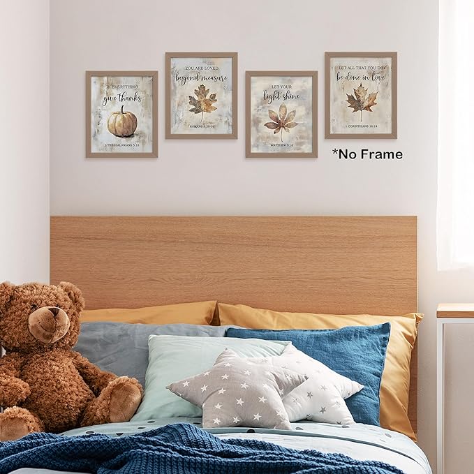 TLESKE Rustic Fall Christian Pumpkins Maple Leaves Posters Prints Unframed Set of 4 for Farmhouse Bedroom Living Room Kitchen, Vintage Autumn Wall Art Prints Decor, Thanksgiving Wall Pictures, 8x10