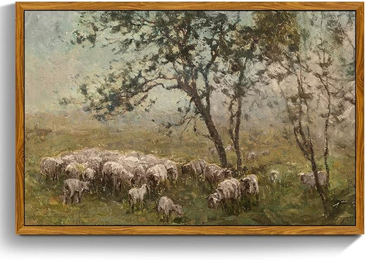 crmotu Vintage Framed Wall Art, Animal Landscape Canvas Prints, Prairie Sheep Rustic Farmhouse Decor Pictures, French Country Retro Paintings Wall Decor Living Room Bedroom Bathroom Kitchen 20x30in