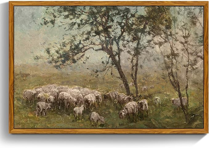 crmotu Vintage Framed Wall Art, Animal Landscape Canvas Prints, Prairie Sheep Rustic Farmhouse Decor Pictures, French Country Retro Paintings Wall Decor Living Room Bedroom Bathroom Kitchen 16x24in