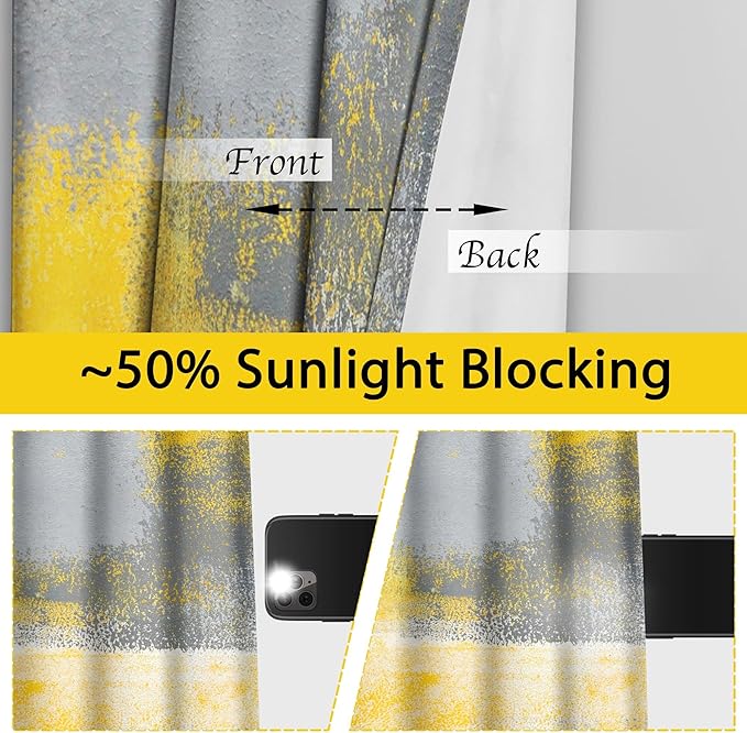 Yellow Window Curtain Yellow Grey Abstract Thermal Insulating Drapes Rust Art Treatment Drapes Modern Curtains for Living Room Bedroom Hotel, 52" x 96", 2 Panels