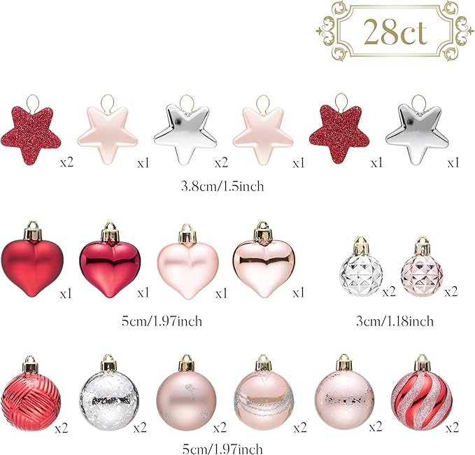 Valery Madelyn 28Pcs Valentines Heart Shaped Ornaments Gift Pack, Spring Easter Craft Painted Tree Heart Decorations, Pink Red Silver Christmas Baubles Hanging Party Wedding Anniversary Decor