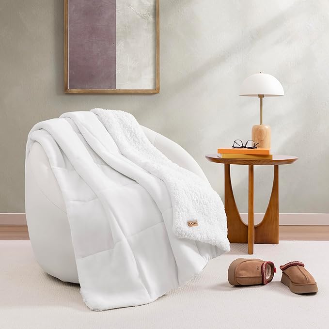 UGG Nita Throw Blanket Soft Reversible Plush Throw for Couch or Bed Washable Warm Fluffy Blanket for College Dorm Essentials and Bedding with Down Alternative Fill, 50-inch x 70-inch, White Snow