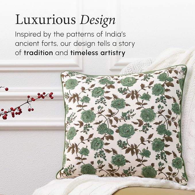 CPC 100% Cotton Throw Pillow Covers 24x24 Inch, Set of 2 Green Block Print Pattern Couch Pillow, Cute Boho Decorative Pillows for Living Room, Bedroom with Hidden Zipper- Moss Green