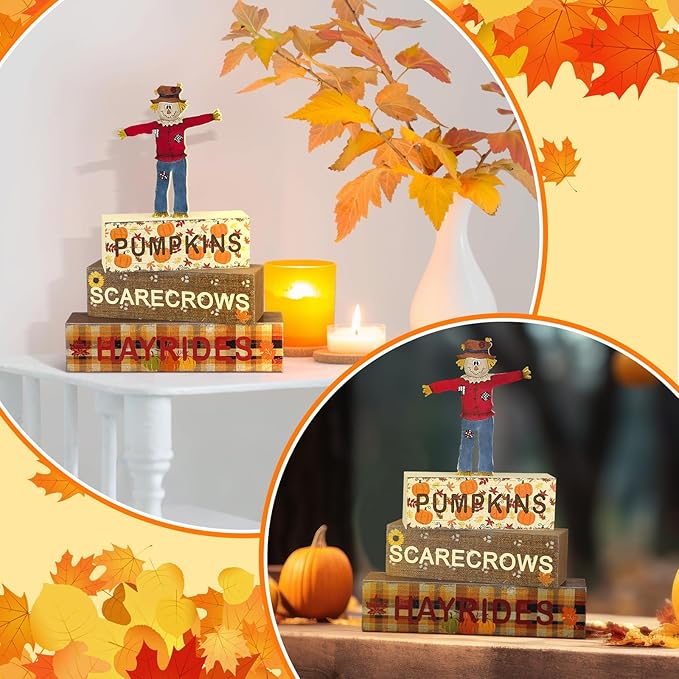 Geelin 4 Pcs Fall Scarecrow Table Centerpieces Thanksgiving Table Decorations Pumpkin Scarecrow Tiered Tray Decor Autumn Wooden Block Signs for Autumn Thanksgiving Office Kitchen Shelf