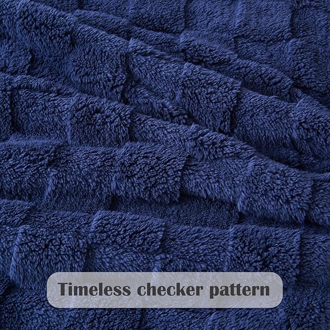 NEWCOSPLAY Super Soft Queen Blanket Dark Navy Premium Silky Flannel Fleece 3D Checkered Lightweight Bed Blanket All Season Use (Dark Navy Checkered, Queen(90"x90"))