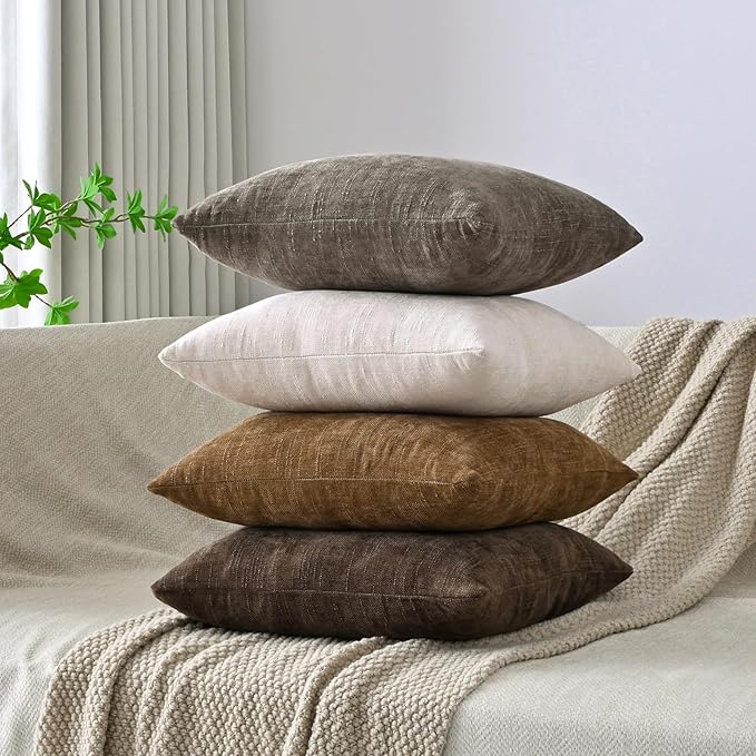 Set of 4 Soft Textured Decorative Throw Pillow Covers 24x24 Inch Cozy Farmhouse Cushion Cover Square Accent Pillow Cases for Bed Couch Sofa Living Room, Dark Brown