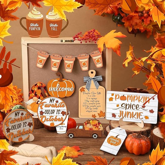 Fall Thanksgiving Tiered Tray Decor Set, Rustic Farmhouse Wood Sign, Hello Fall Pumpkin Truck Farmhouse Table Decor for Autumn Harvest 15PCS