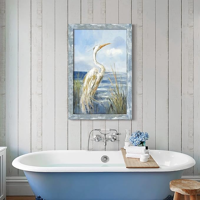 Sea Bird Wall Art Painting: Framed Wooden Blue Coastal Ocean Scene Artwork Heron on Beach Picture Modern Bedroom Bathroom Living Room Decoration Home Office Decor 36”x24”
