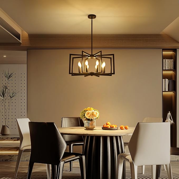 8-Light Modern Farmhouse Black Geometric Chandelier, Adjustable Height Dining Room Light Fixtures Over Table, Large Industrial Metal Chandeliers for Dining Room Kitchen Island Entryway