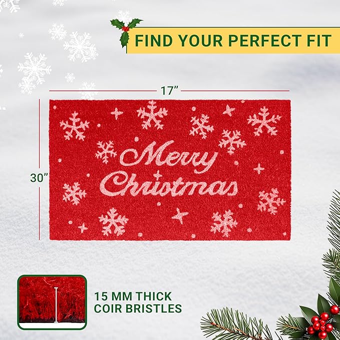 Merry Christmas Door Mat – Coir Front Door Mat for Outdoor Entrance, Holiday Welcome Mat, Durable Non-Slip Christmas Outdoor Mat (17" x 30")`