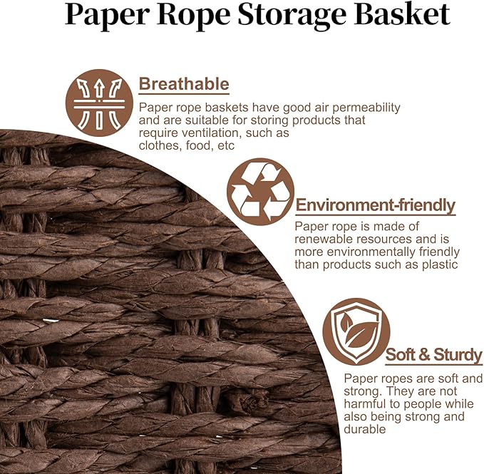 OIAHOMY Wicker Baskets, Paper Rope Storage Baskets for Organizing with Built-in Handles, 2 Packs-Brown