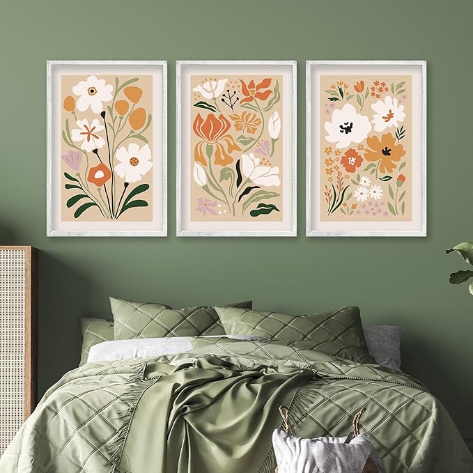 Boho Flowers Plant Wall Art Sign Set of 3 16"x24" Mid Century Modern Minimalist Wooden Framed Abstract Botanical Flower for Vintage Living Room Offic Bedroom Wall Hanging Decoration (White)