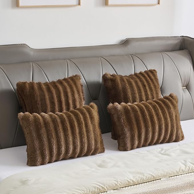FUTEI Brown Decorative Throw Pillow Covers 26x26 Inch Set of 2,Soft Fluffy Faux Mink Fur Dyeing Striped Textured Euro Pillow Shams,Modern Home Decor for Couch Bed Living Room