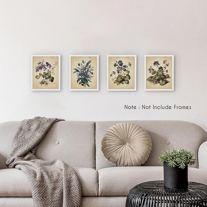 HRQKO Vintage Botanical Purple Flower Wall Art Poster Prints Set of 4, Floral Wall Decor, Wildflower Artwork Printing Wall Decor, Retro Floral Wall Art Prints for Living Room Bedroom 8”x10” Unframed