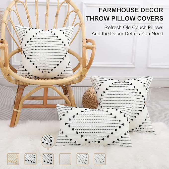 Mecatny Boho Outdoor Throw Pillow Covers 18X18 Set of 2, Farmhouse Decorative Pillow Covers for Couch Sofa Living Room, Black & Cream White