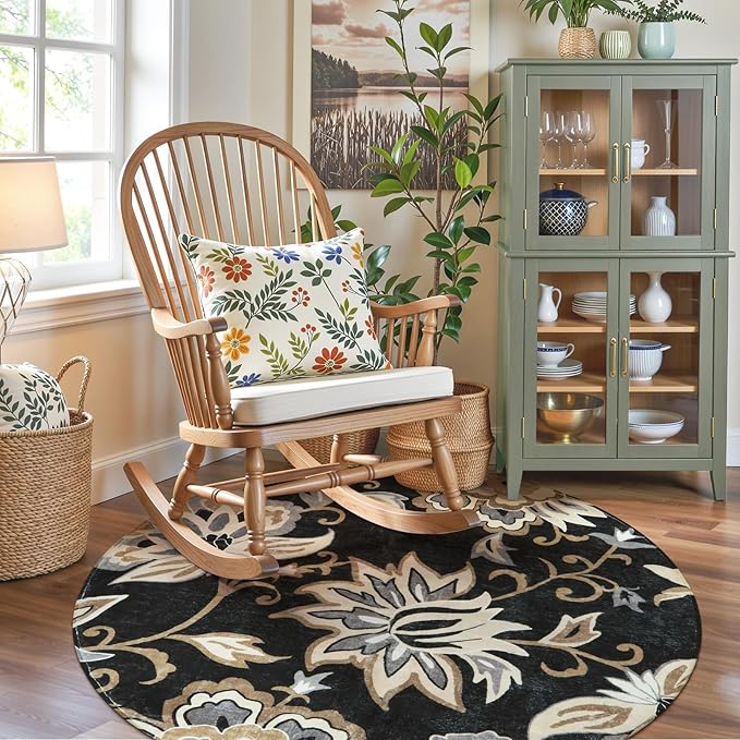 Lahome Floral Black Round Rugs - 3Ft Washable Round Area Rug Non-Slip Small Round Entryway Rug Throw Soft Bedroom Circle Rug Paisley Print Accent Distressed Circular Rug for Bathroom Sofa Living Room