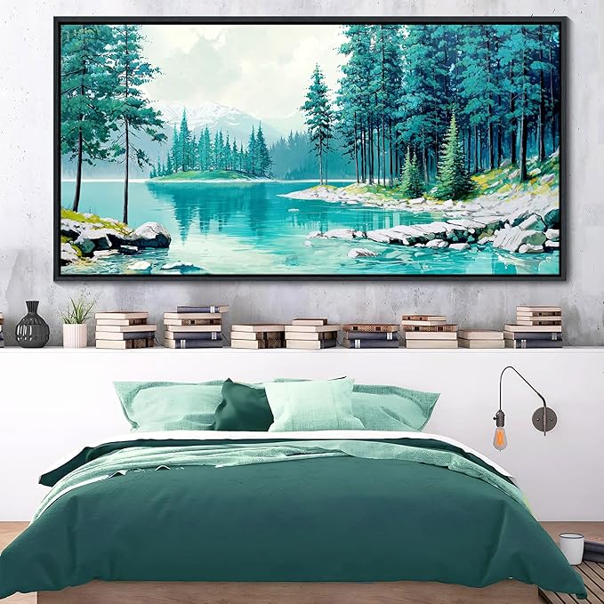 YCPRIMER Nature Mountain Canvas Wall Art National Park Painting Green Ridge Landscape Picture Panoramic Artwork Framed Large Size for Home Office Living Room Bedroom Wall Decor 29x58inch